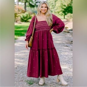 Boho Smocked Tiered Cotton Dress (Sz XL) Burgundy Embroidered Daisy Bohemian